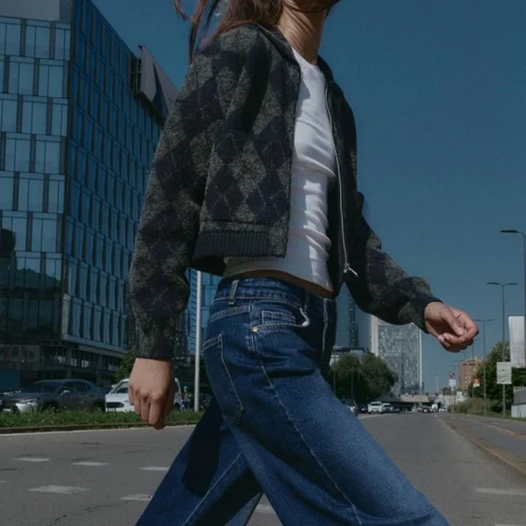 ZARA ARGYLE KNIT BOMBER JACKET - Picture 12 of 13